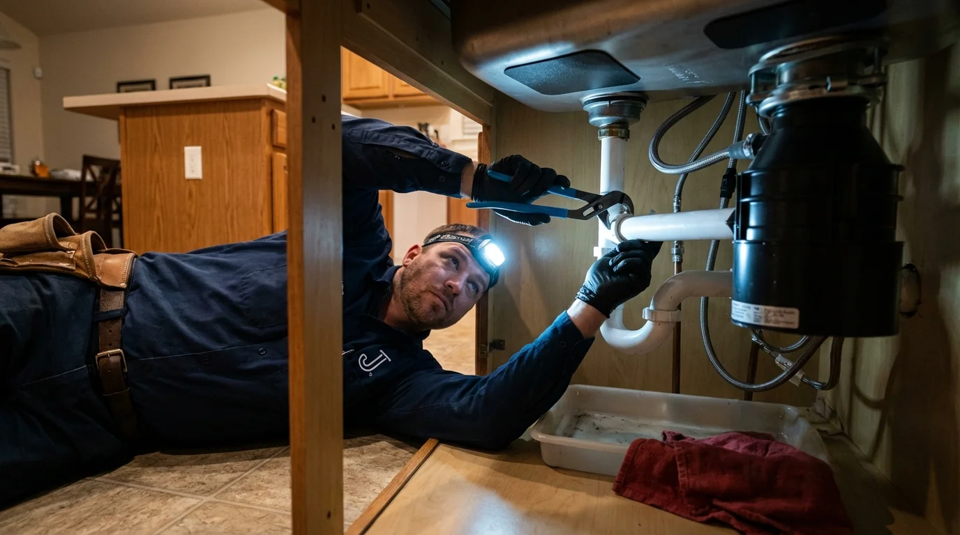 P-trap and supply line connections under a kitchen sink showing a common leak point in Durant, MS